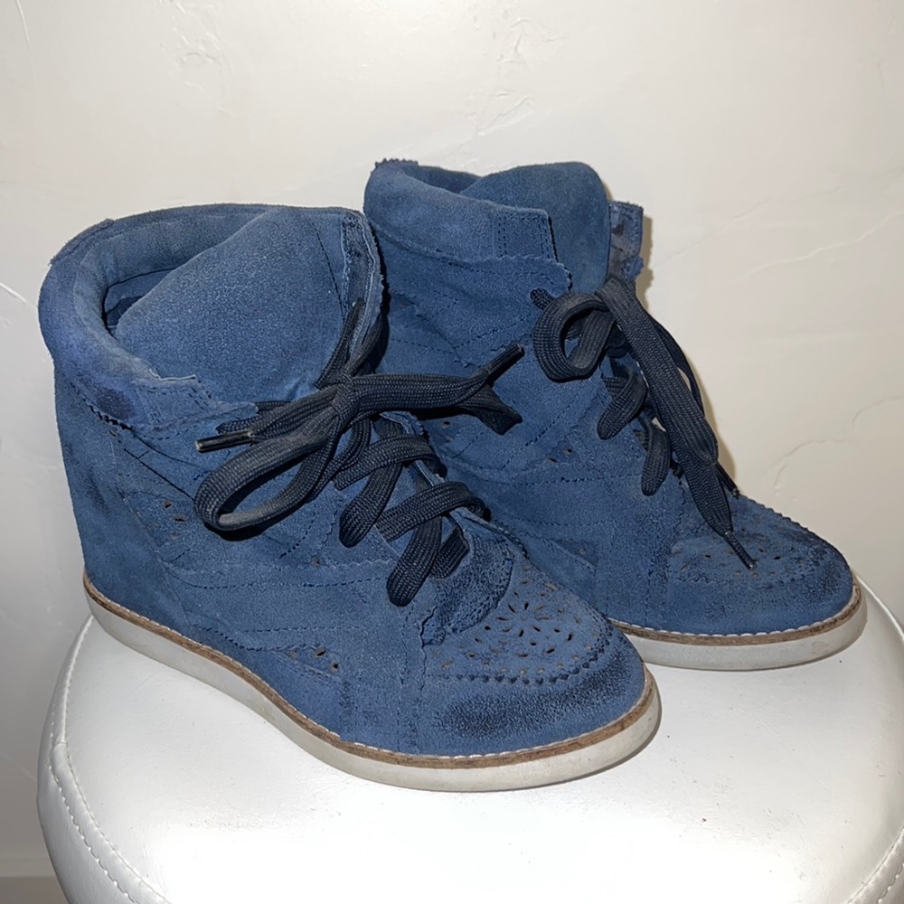 Gently used Jeffrey Campbell Venice High Cut wedge sneakers navy US 6.5